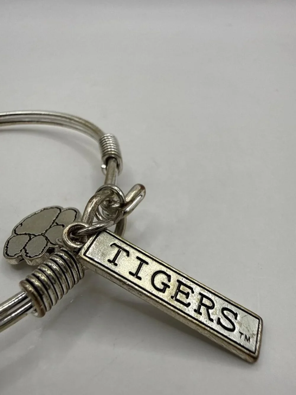 Silver Wire Bangle Bracelet Tigers Mascot Paw Print Charm Fan Spirit Jewelry